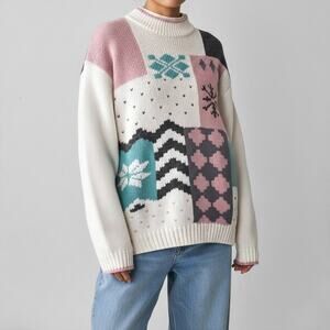 80s Apres Ski Fair Isle Sweater Mock Neck Nordic Scandi Cabincore Twee M Vintage